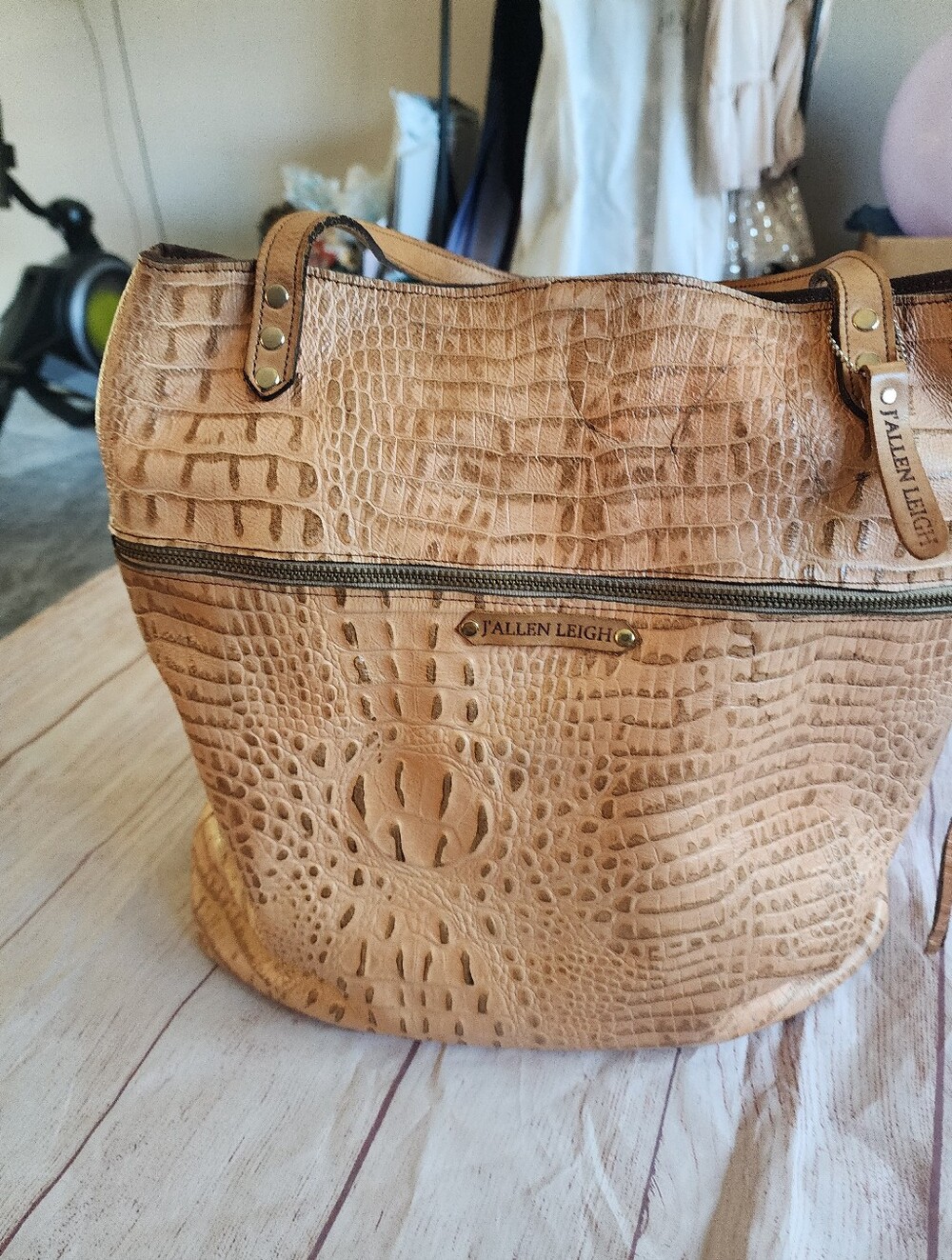 Croc-Embossed Tan Tote Bag